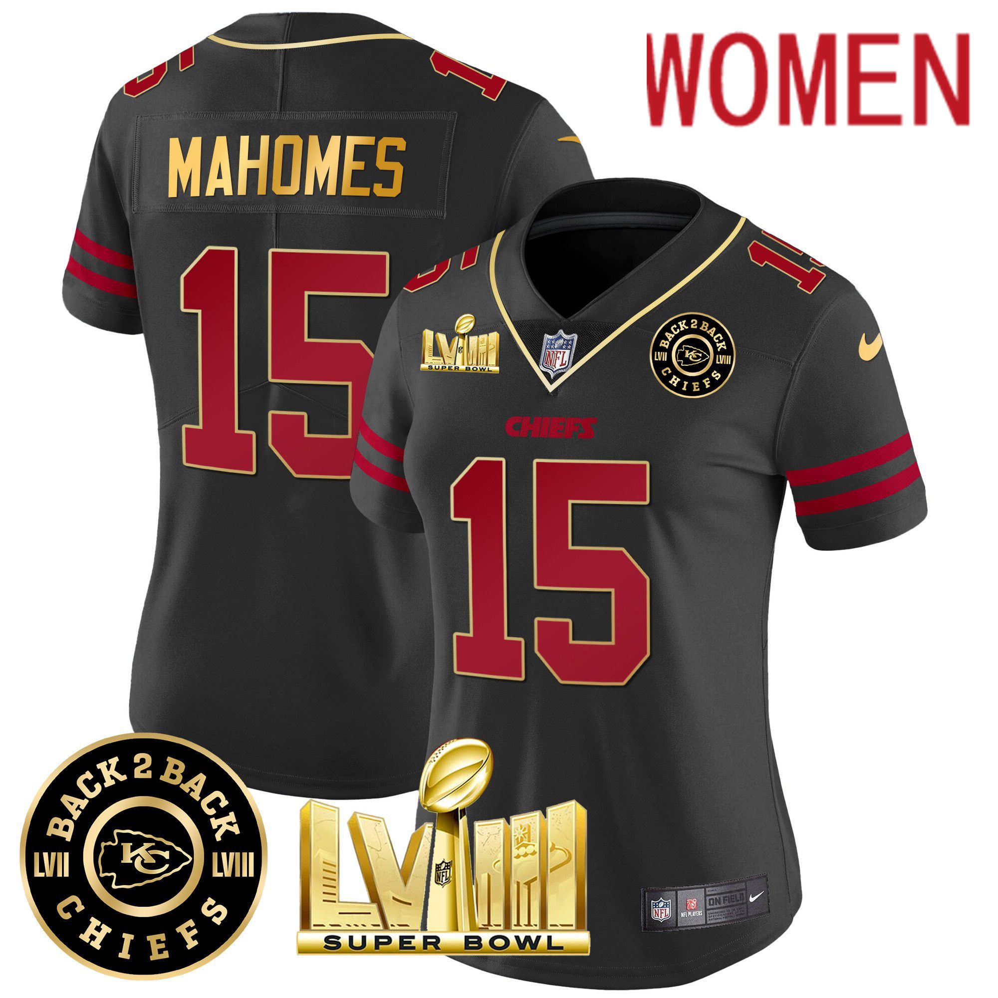 Women Kansas City Chiefs 15 Mahomes Black 2024 Nike Super Bowl LVIII & Back 2 Back Patch Vapor NFL Jersey style 1